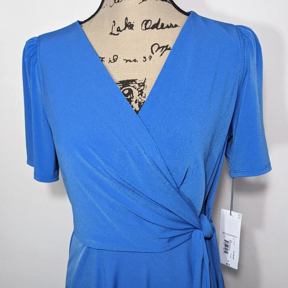 $74 NWT Liz Claiborne Blue Tie Belt Faux Wrap Dress Short Sleeve Size 6